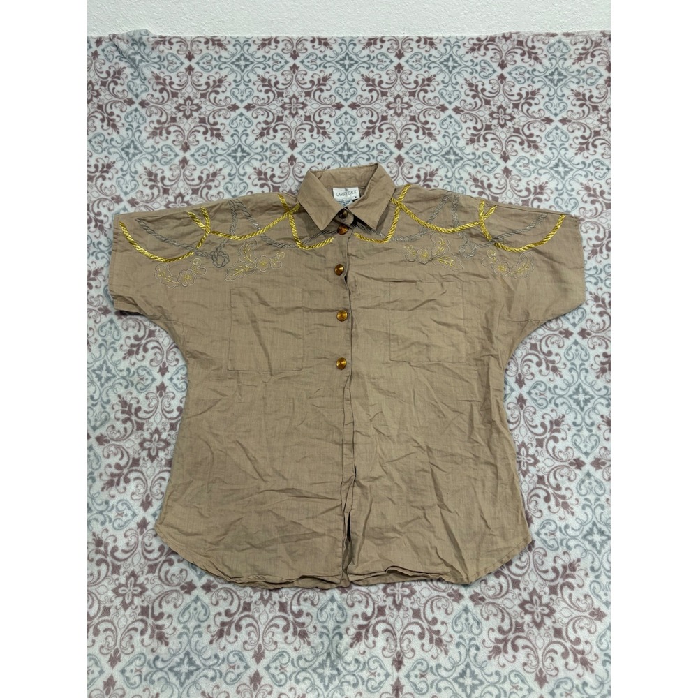 Carry Back Vintage Tan Embroidered Short Sleeve Button Down Shirt Ramie Cotton 8